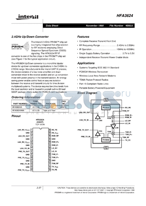 HFA3624IA datasheet - 2.4GHz up/down converter
