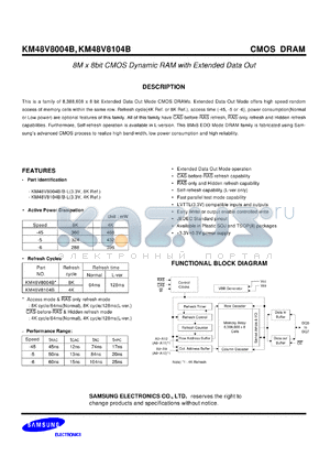 KM48V8004BK-5 datasheet - 8M x 8bit CMOS dynamic RAM with extended data out, 50ns