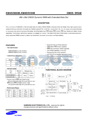 KM48V8004BSL-5 datasheet - 8M x 8bit CMOS dynamic RAM with extended data out, 50ns