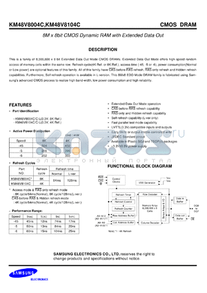 KM48V8104CK-45 datasheet - 8M x 8bit CMOS dynamic RAM with extended data out, 45ns