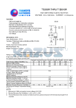 TS2010R datasheet - 1000 V, 2 A, fast switching plastic diode
