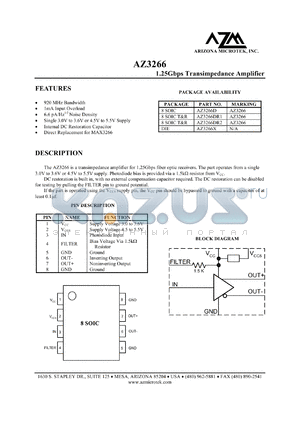 AZ3266X datasheet - 6 V, 1.25 Gbps transimpedance amplifier