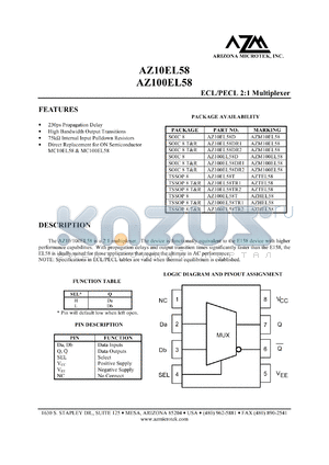 AZ10EL58TR2 datasheet - 4.75 V-5.5 V, ECL/PECL 2:1 multiplexer