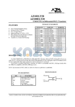 AZ10ELT20TR1 datasheet - 3.0 V-5.5 V, CMOS/TTL to differential PECL translator