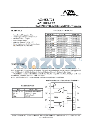 AZ100ELT22DR2 datasheet - 3.0 V-5.5 V, dual CMOS/TTL to differential PECL translator