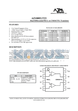 AZ100ELT23TR2 datasheet - 3.0 V-5.5 V, dual CMOS/TTL to differential PECL translator
