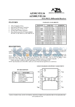 AZ10LVEL16TR2 datasheet - 3.0 V-5.5 V, ECL/PECL differential receiver