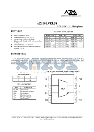 AZ100LVEL58TR2 datasheet - 3.0 V-5.5 V, ECL/PECL 2:1 multiplexer