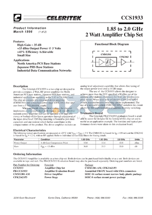 CCS1933 datasheet - 1.85-2.0 GHz, 2 W amplifier chip set (CMM1301-AM)