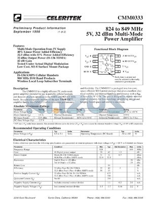 CMM0333-AK-000T datasheet - 824 to 849 MHz, 5 V, 32 dBm multi-mode power amplifier