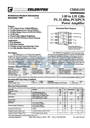 CMM1333-AK-00TT datasheet - 1.85 to 1.91 GHz, 5 V, 31 dBm PCS/PCN power amplifier