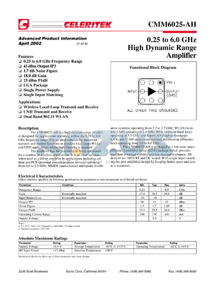 PB-CMM6025-AH datasheet - 0.25 to 6.0 GHz high dynamic range amplifier