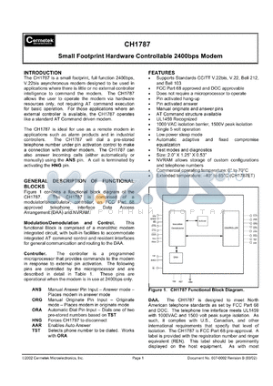 CH1787 datasheet - Small footprint hardware controllable 2400bps modem