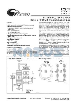 CY7C470 datasheet - 8K x 9 FIFO, with programmable flags, 25ns