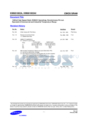 KM681002AT-20 datasheet - 128K x 8 high speed static RAM, 5V operating, 20ns