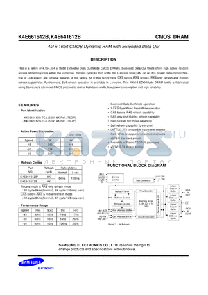 K4E641612B-TL50 datasheet - 4M x 16bit CMOS dynamic RAM with extended data out, 3.3V power supply, 50ns, low power