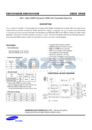 KM416V4004BSL-5 datasheet - 4M x 16bit CMOS dynamic RAM with extended data out, 3.3V power supply, 50ns, low power