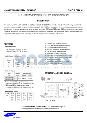 KM416V4104CS-50 datasheet - 4M x 16bit CMOS dynamic RAM with extended data out, 3.3V power supply, 50ns