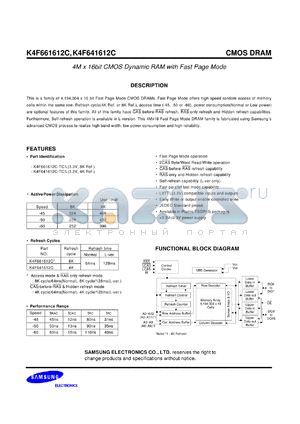 K4F661612C-TC45 datasheet - 4M x 16bit CMOS dynamic RAM with fast page mode, 3.3V power supply, 45ns