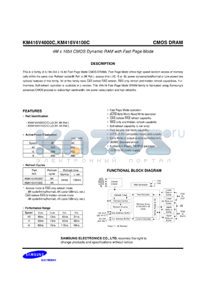 KM416V4000CS-L6 datasheet - 4M x 16bit CMOS dynamic RAM with fast page mode, 3.3V power supply, 60ns, low power