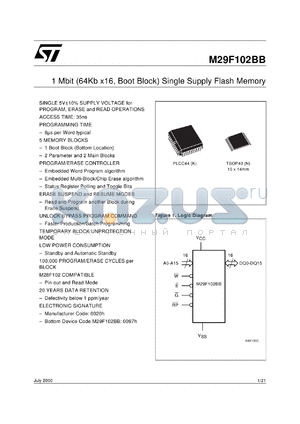 M29F102BB35K1 datasheet - 1 Mbit (64Kb x16, boot block) single supply flash memory, 35ns
