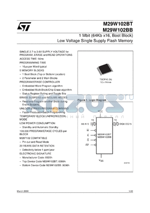 M29W102BT70NZ6T datasheet - 1 Mbit (64Kb x16, boot block) low voltage single supply flash memory, Vcc = 2.7 to 3.6V, 70ns