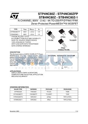 STB4NC80ZT4 datasheet - N-channel power MOSFET, 800V, 4A