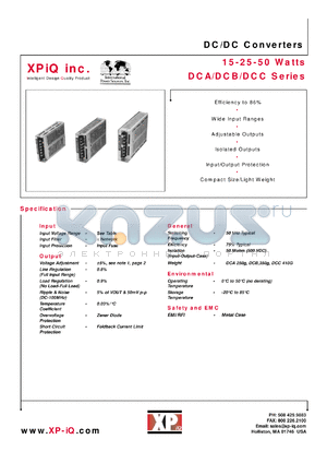 DCA101 datasheet - DC/DC converter. 15 W output series. Output voltage 5 VDC. Output current 3.0 A. Input range: 12 V nominal (9-16VDC).