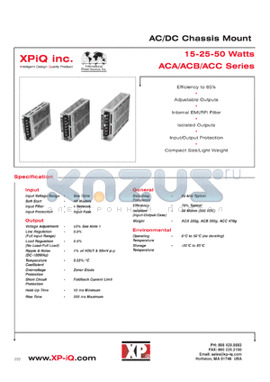 ACA104 datasheet - AC/DC chassis mount. 15 watts output series. Output voltage 24 VDC; output current 0.62 A. Input range: 90-132 VAC, 110-175 VDC (47-440 Hz).