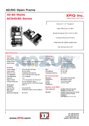 ACS40US30 datasheet - AC/DC open frame. Max power 40 W. Output voltage 30.0 V; output current 1.33 A. Peak current 1.60 A.