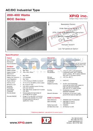 BCC200PS03L datasheet - AC/DC industrial type. Output power 165 W. Output voltage 3.3 V. Output current 50.0 A. Output load regulation 1.5%.