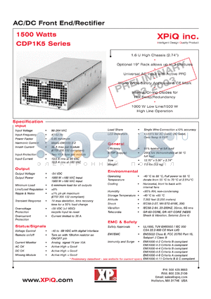 CDP1K5PS48 datasheet - AC/DC front end/rectifier. Maximum power: 1000 watts <180 VAC input; 1500 watts >180 VAC input. Output voltage -54 VDC. Adjustment range -40 to -59 VDC.