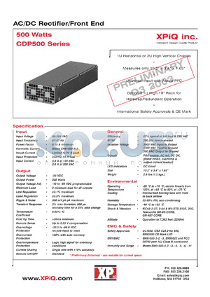 CDP500PS48 datasheet - AC/DC rectifier/front end. Maximum power 500 watts. Output voltage -54 VDC. Output current 9.3 A. Trim range -40 to -59 VDC.