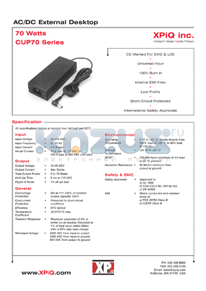 CUP70-13-1 datasheet - AC/DC external desktop. Maximum output power 70 W. Output voltage nominal 18 V; Output current: Imin 0 A; Imax 3.9 A.