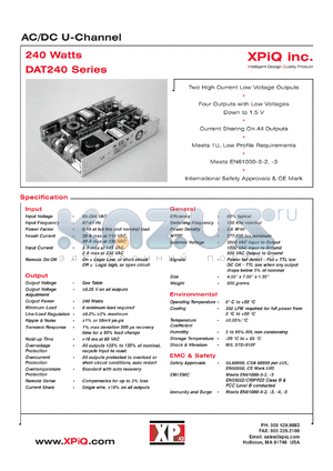 DAT240PQ01 datasheet - AC/DC U-channel. Output voltage for outputs V1, V2, V3, V4: 3.3V, 5.0V, 12.0V, 2.5V. Output current for outputs V1, V2, V3, V4: 50A, 5A, 4A, 50A.