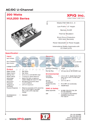 UL200-10 datasheet - AC/DC U-channel. Total output power 150W(conv. cooled), 200W(18.7cfm). Output1 Vnom 5.0V, Imin 0.5A, Imax 40.0A.