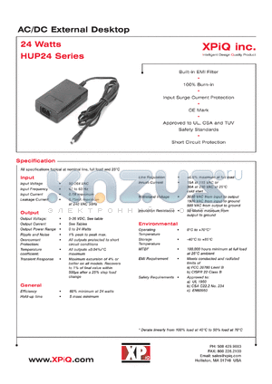 HUP24-13 datasheet - AC/DC external desktop. Maximum output power 24W. Output Vnom 15V, Imin 0A, Imax 1.60A.