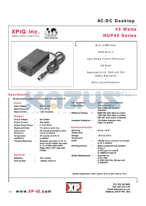 HUP45-36-3 datasheet - AC/DC desktop. Maximum output power 42W. Output #1 Vnom +3.3V, Imin 0.5A, Imax 5.0A. Output #2 Vnom +12V, Imin 0.2A, Imax 2.0A. Output #3 Vnom -12V, Imin 0A, Imax 0.8A.