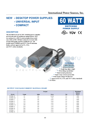 HUP60-10-1 datasheet - AC/DC switching power supply. Maximum output power 55W. Nom. output voltage 7V. Output current: Imin 0A, Imax 7.8A.