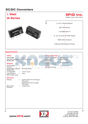 IA0503S datasheet - DC/DC 1 watt converter. 5 VDC input. Output voltage +-3.3 VDC. Output current +-150 mA.