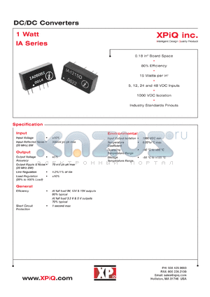 IA0515D datasheet - DC/DC 1 watt converter. 5 VDC input. Output voltage +-15.0 VDC. Output current +-33 mA.