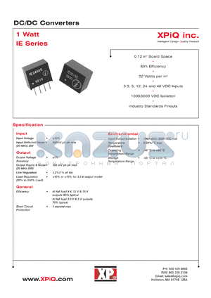 IE1209DH datasheet - DC/DC 1 watt converter. 3000 VDC isolation. 12 VDC input. Output voltage 9.0 VDC. Output current 111 mA.