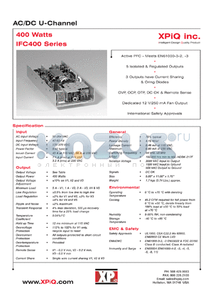 IFC400-56B datasheet - AC/DC U-channel. Output power maximum 400W. Output voltage 5.1V, 3.3V, 15.0V, 15.0V, 5.0V; output current 40A, 20A, 8A, 5A, 6A for output number V1, V2, V3, V4, V5 resp.