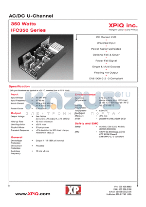 IFC350-12B datasheet - AC/DC U-channel. Max output power 350W. Output #1: Vnom 12.0V, Imin 0.5A, Imax 29.2A.