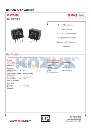 IL0509 datasheet - DC/DC 2 watts converter. 1000 VDC isolation. 5 VDC input. Output voltage 9.0 VDC. Output current 222 mA,