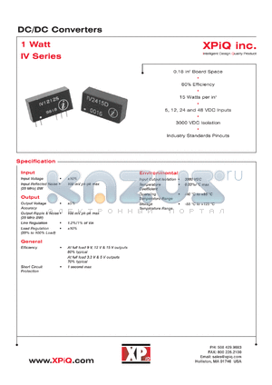 IV0505DA datasheet - DC/DC 2 Watts converter. 5 VDC input. Output voltage 5.0 VDC. Output current 200 mA.