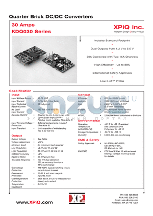 KDQ03048D5033AH datasheet - Quarter brick DC/DC converter. Open frame/positive logic. Output power 100.0W. Output voltage: V1: 3.3V, V2: 5.0V. Output current maximum 15A/10A. Input current 2.3A.