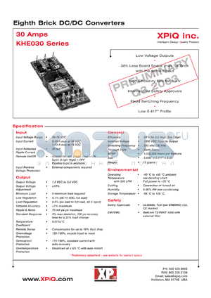 KHE03048S1V2AH datasheet - Eighth brick DC/DC converter. Positive logic. Output power 36.0W. Output voltage 1.2V. Output current maximum 30A.