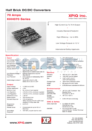 KHH07048S1V2BH datasheet - Half brick DC/DC converter. Baseplate/positive logic. Output power 84W. Output voltage 1.2V. Output current maximum 70A. Input current 2.13A.