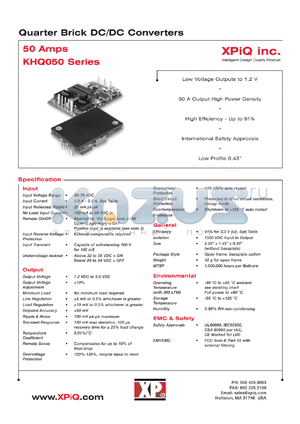 KHQ05048S1V2AL datasheet - Quarter brick DC/DC converter. Open frame/negative logic. Output power 60.0W. Output voltage 1.2V. Output current maximum 50A. Input current 1.44A.